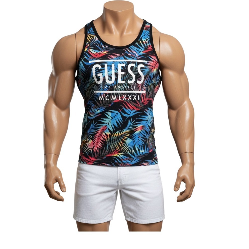 Guess LA Tank Top Mens S Black Tropical Palm Print Graphic Muscle Shirt Summer